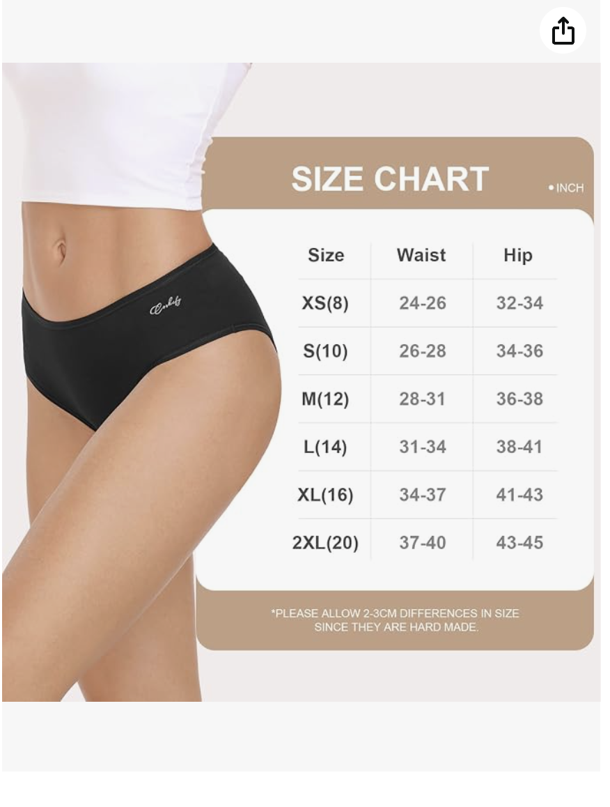 Size chart with waist and hip measurements in inches